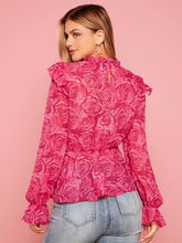 Floral Print Ruffle Trim Flounce Sleeve Peplum Blouse